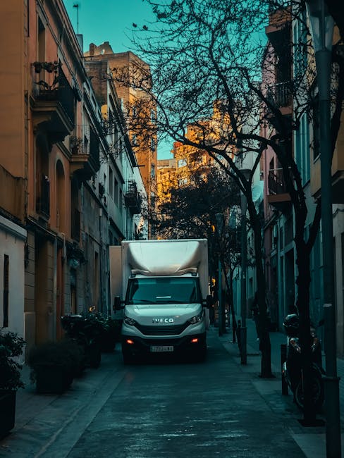 A white Iveco moving van operated by Man with Van Lea Bridge is positioned in the middle of a narrow urban street lined with multi-storey residential buildings and leafless trees. The van's rear doors are open, revealing the interior space prepared for house relocation. The street features parked motorcycles, bollards, and potted plants along the pavement. The scene is lit by natural daylight, with warm sunlight illuminating the upper storeys of the buildings and casting shadows on the ground. The surrounding environment indicates an active moving process involving furniture transport and packing materials, consistent with professional removals services from Lea Bridge. The van's placement and the open doors suggest the loading process of household items during a home relocation, with clear visibility of the city's residential character and the logistical aspect of furniture transport.
