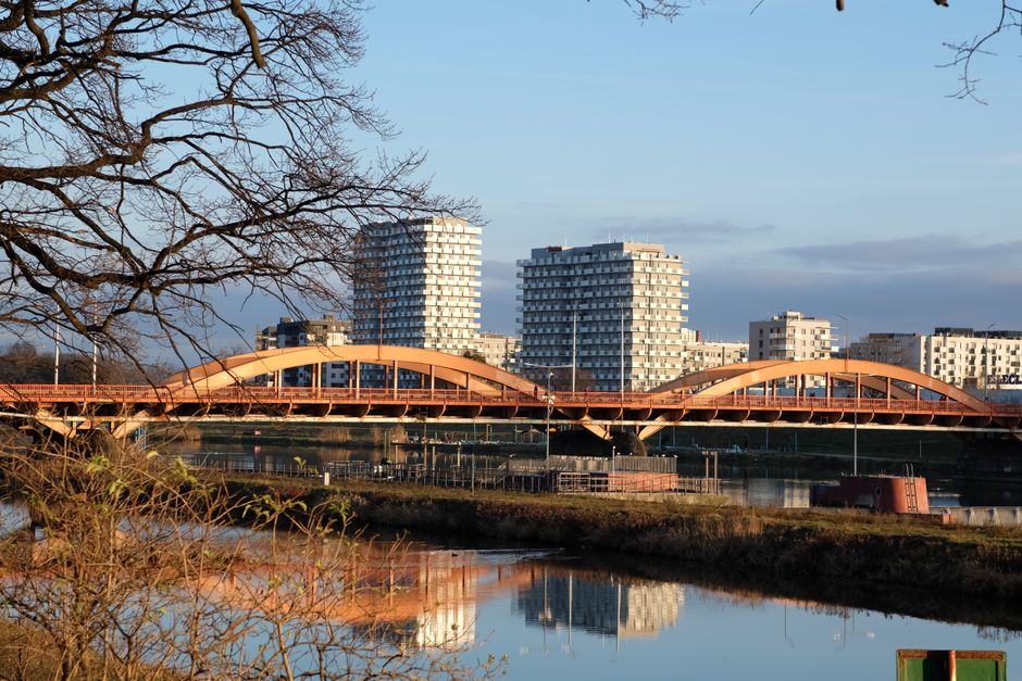 A view of a river with a modern, arched pedestrian bridge painted in a reddish-brown colour spanning across the water in Lea Bridge, with several multi-storey residential buildings in the background. The scene is captured during daylight with clear blue skies, and the foreground features leafless tree branches and some grassy banks along the riverbank. The reflection of the bridge and buildings can be seen in the calm water. This outdoor setting illustrates a typical urban riverside environment in Lea Bridge, relevant to house removals and moving services offered by Man with Van Lea Bridge, who may assist with furniture transport and home relocation logistics involving external access and temporary loading zones.
